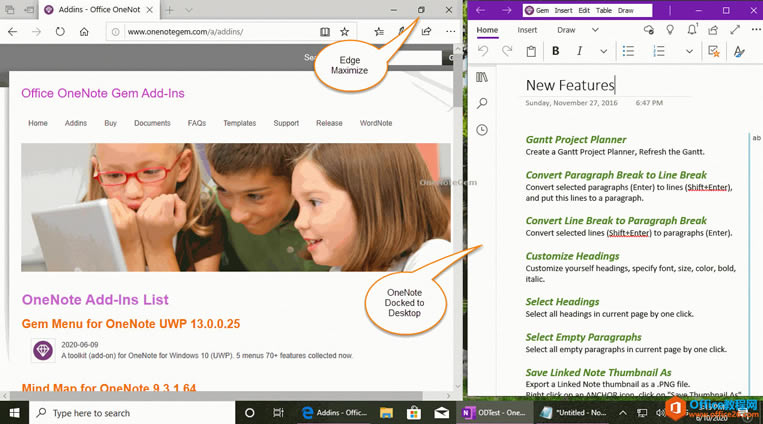 停靠在 Windows 桌面上的 OneNote UWP 窗口